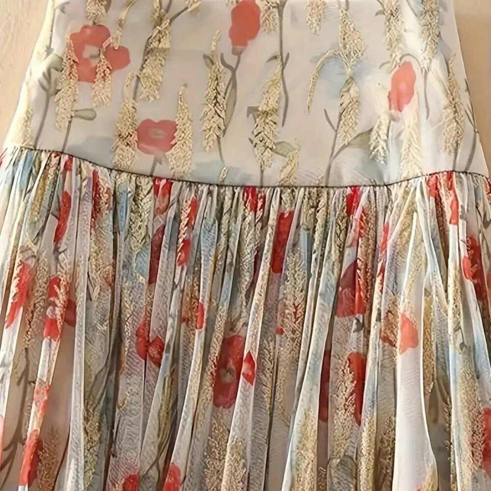 Apricot Elegant Bohemian Women's Double-Layer Mesh Foil Pleated Skirt - Picture 5 of 7